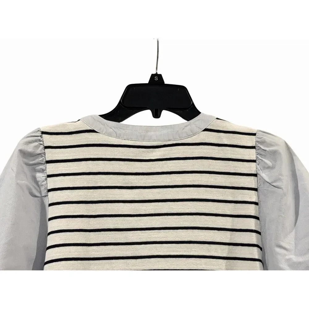 LOFT Blue & White Striped V-Nexk Top Cotton Womens MP Preppy Coastal Puff Sleeve